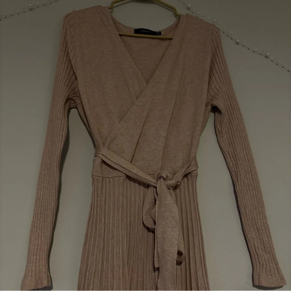 Tan A-Line Wrap Dress with Cuffed Sleeves